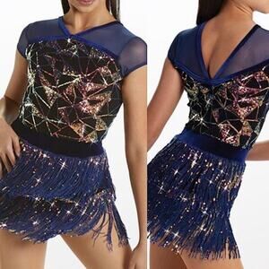 Weissman Showtime Women’s Dance Misbehave Blue Velvet Sequin Fringe Dress MA